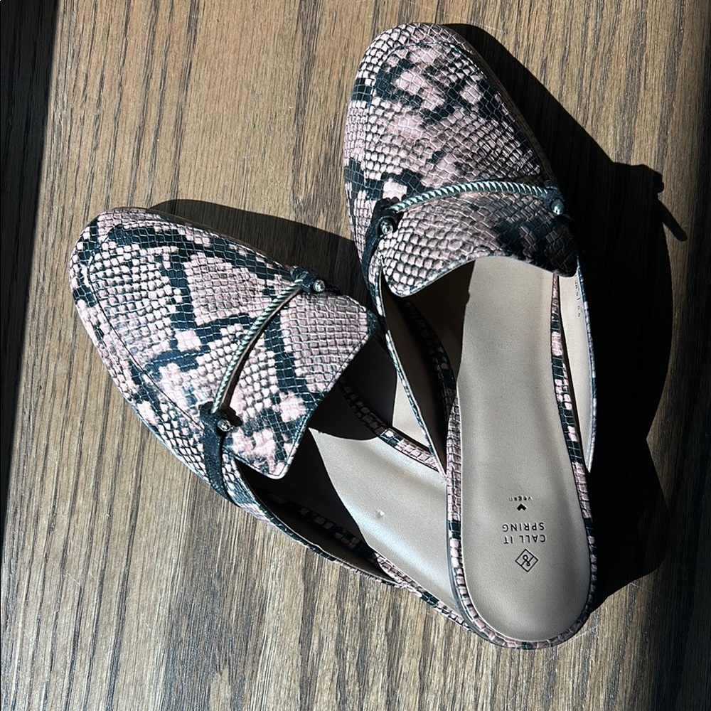 Call It Spring Pink and Black Flats with Snakeskin Design Vegan